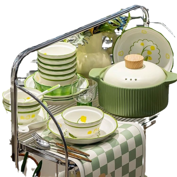 Set ceramic cu boluri și farfurii pentru uz casnic, culoare crem, design elegant, set complet de veselă, model 2023