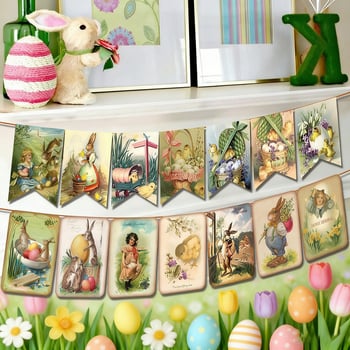 Petrecere tematică de Paște 2025, banner retro cu stegulețe, accesorii decorative