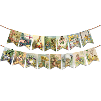 Petrecere tematică de Paște 2025, banner retro cu stegulețe, accesorii decorative