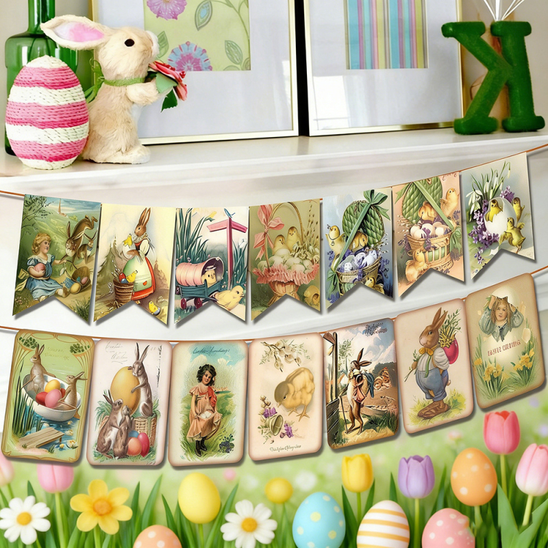 Petrecere tematică de Paște 2025, banner retro cu stegulețe, accesorii decorative