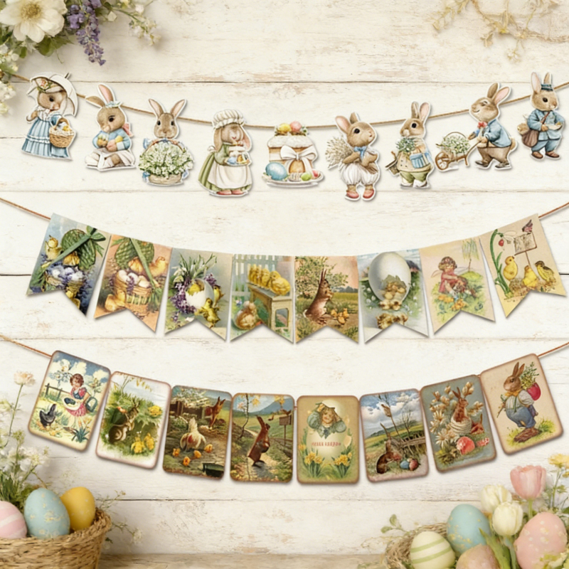 Petrecere tematică de Paște 2025, banner retro cu stegulețe, accesorii decorative