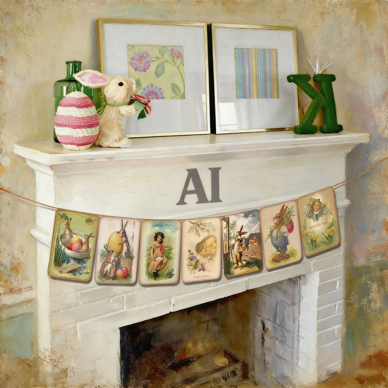 Petrecere tematică de Paște 2025, banner retro cu stegulețe, accesorii decorative