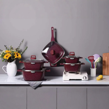 Set de vase de gătit din aluminiu turnat cu piatră Maifan, antiaderent, cu capace din sticlă – 25 piese