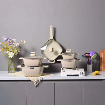Set de vase de gătit din aluminiu turnat cu piatră Maifan, antiaderent, cu capace din sticlă – 25 piese