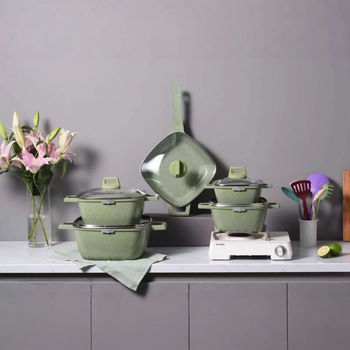 Set de vase de gătit din aluminiu turnat cu piatră Maifan, antiaderent, cu capace din sticlă – 25 piese