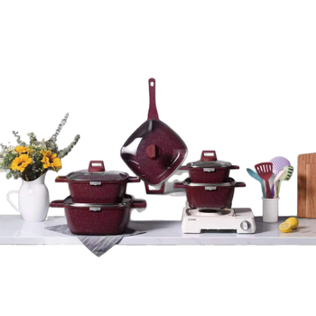 Set de vase de gătit din aluminiu turnat cu piatră Maifan, antiaderent, cu capace din sticlă – 25 piese