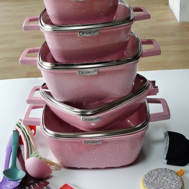 Set de vase de gătit din aluminiu turnat cu piatră Maifan, antiaderent, cu capace din sticlă – 25 piese