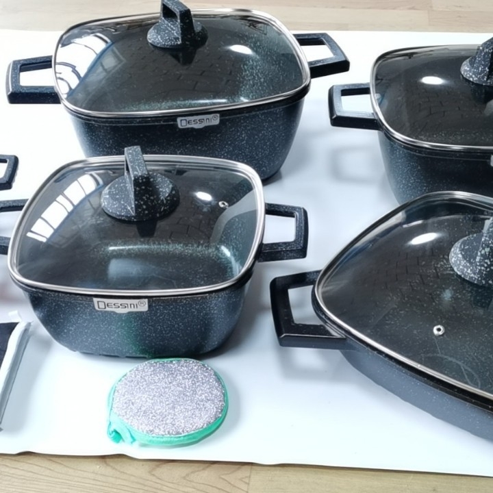 Set de vase de gătit din aluminiu turnat cu piatră Maifan, antiaderent, cu capace din sticlă – 25 piese