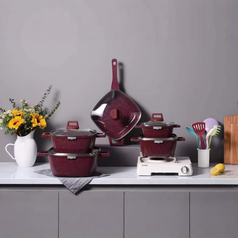 Set de vase de gătit din aluminiu turnat cu piatră Maifan, antiaderent, cu capace din sticlă – 25 piese