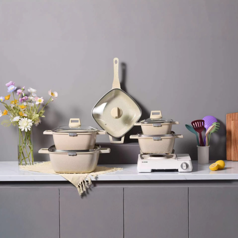 Set de vase de gătit din aluminiu turnat cu piatră Maifan, antiaderent, cu capace din sticlă – 25 piese