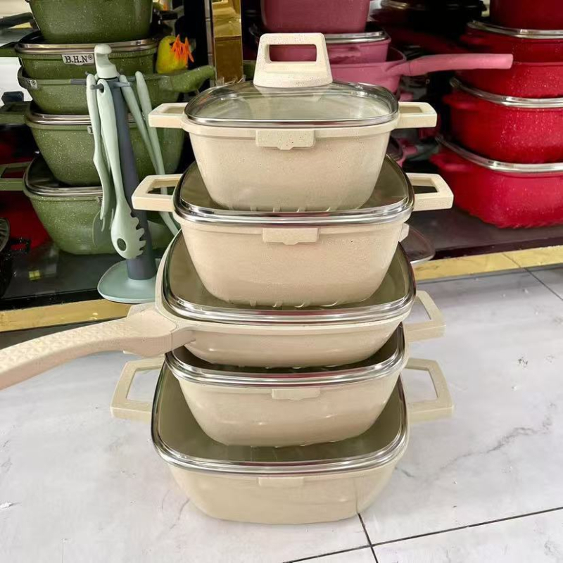 Set de vase de gătit din aluminiu turnat cu piatră Maifan, antiaderent, cu capace din sticlă – 25 piese
