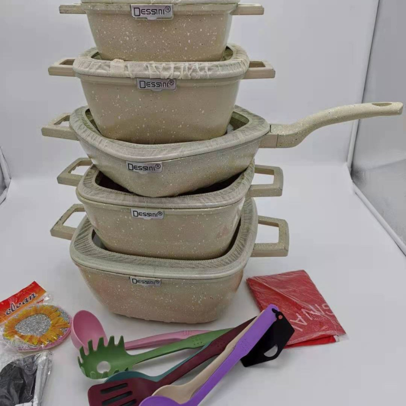 Set de vase de gătit din aluminiu turnat cu piatră Maifan, antiaderent, cu capace din sticlă – 25 piese