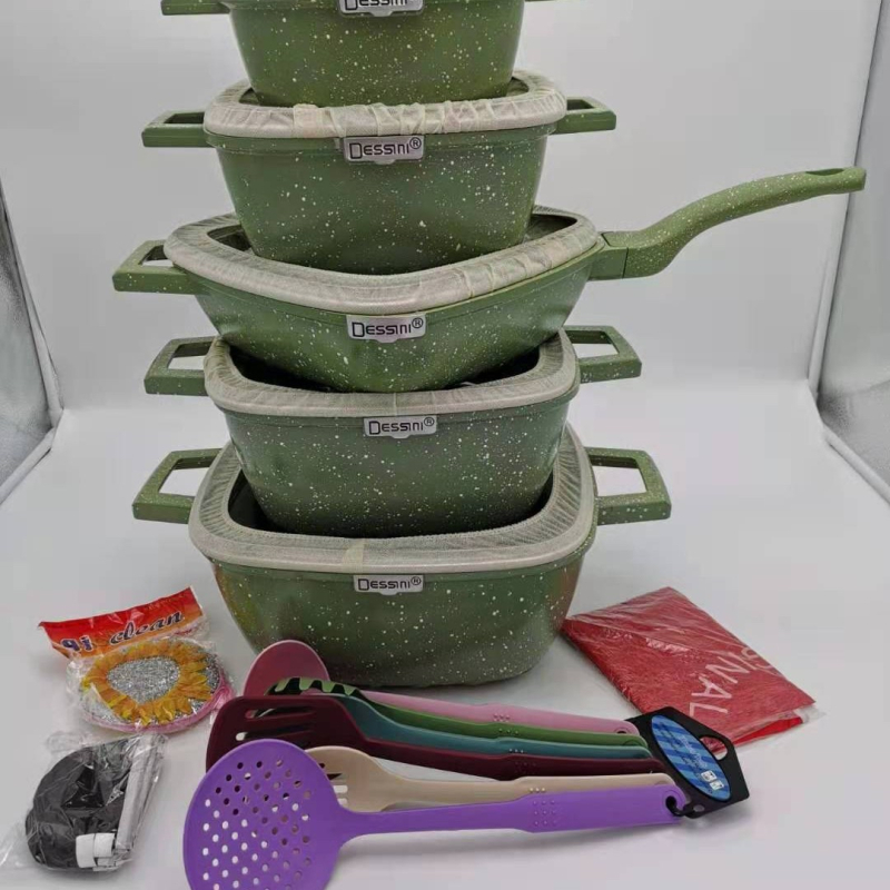 Set de vase de gătit din aluminiu turnat cu piatră Maifan, antiaderent, cu capace din sticlă – 25 piese