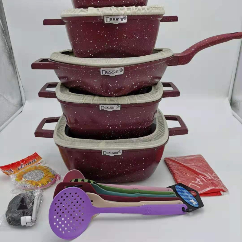 Set de vase de gătit din aluminiu turnat cu piatră Maifan, antiaderent, cu capace din sticlă – 25 piese