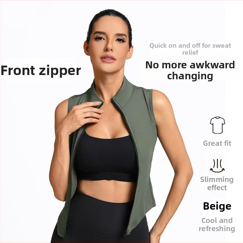 Dámsky bezrukový športový vest so zipsom – rýchloschnúci, odvádzajúci pot, zmes polyester-spandex na beh a jogu