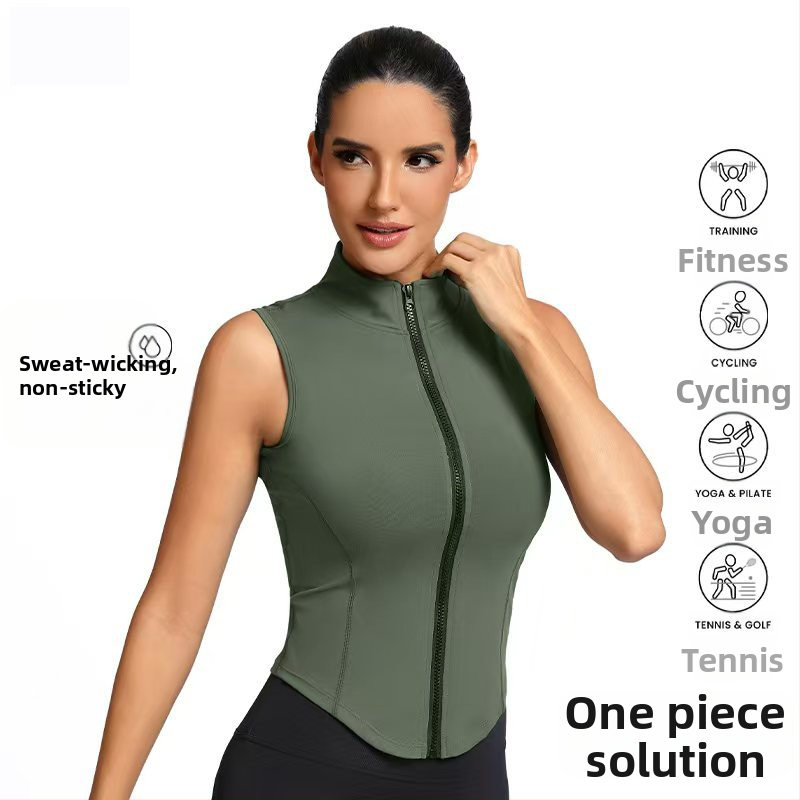 Dámsky bezrukový športový vest so zipsom – rýchloschnúci, odvádzajúci pot, zmes polyester-spandex na beh a jogu