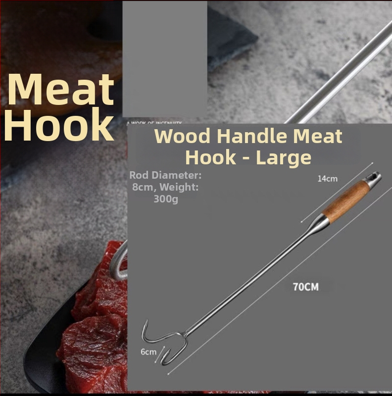 Cârlig de carne din oțel inoxidabil, mâner din lemn, mâner lung pentru grătar