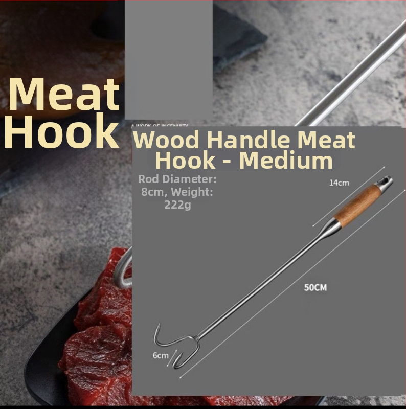 Cârlig de carne din oțel inoxidabil, mâner din lemn, mâner lung pentru grătar