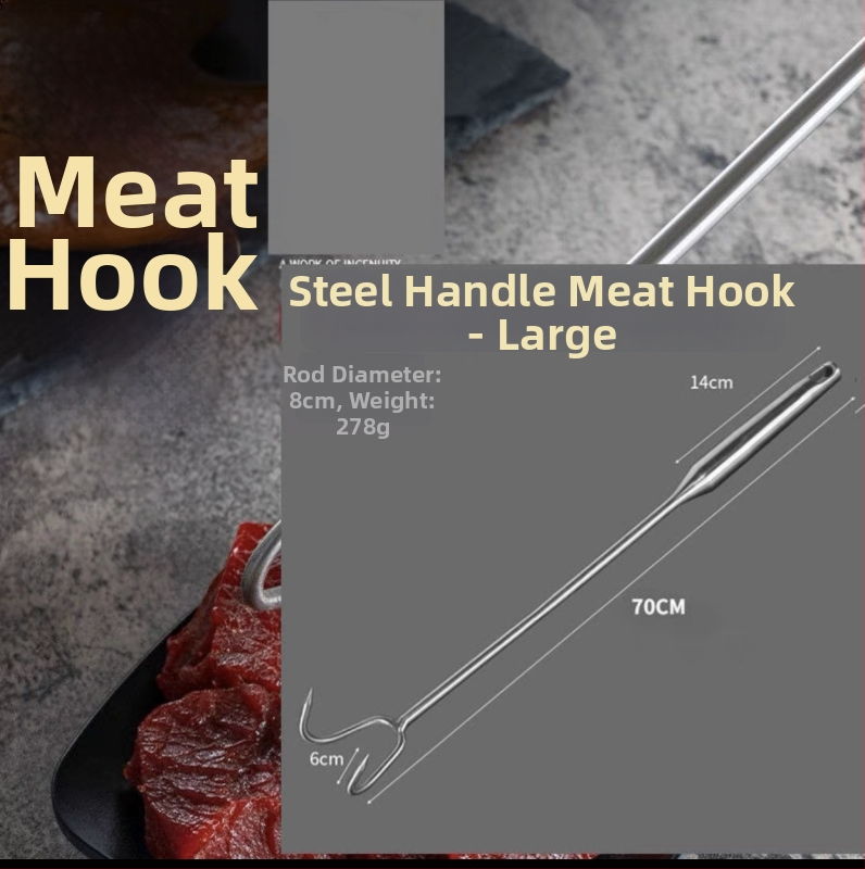 Cârlig de carne din oțel inoxidabil, mâner din lemn, mâner lung pentru grătar