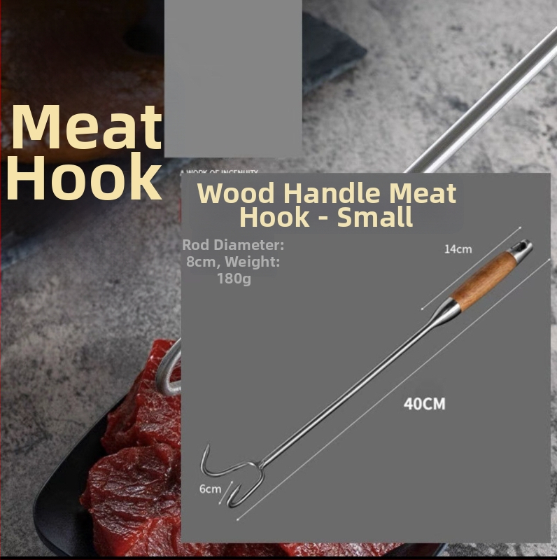 Cârlig de carne din oțel inoxidabil, mâner din lemn, mâner lung pentru grătar