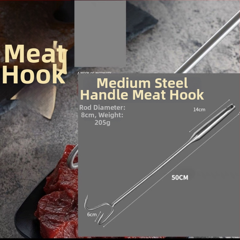 Cârlig de carne din oțel inoxidabil, mâner din lemn, mâner lung pentru grătar