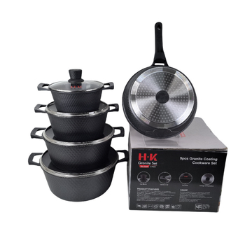 HK Diamant Mic 12 piese set de vase din aluminiu turnat sub presiune, interior marmorat antiaderent, cuprinzând tigăi adânci pentru prăjit și oală de supă
