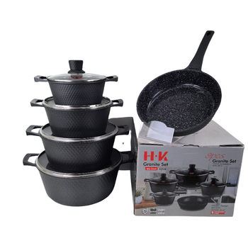 HK Diamant Mic 12 piese set de vase din aluminiu turnat sub presiune, interior marmorat antiaderent, cuprinzând tigăi adânci pentru prăjit și oală de supă