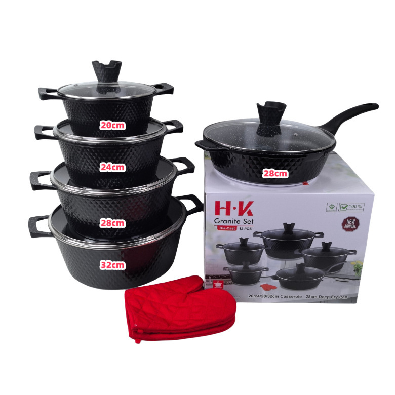 HK Diamant Mic 12 piese set de vase din aluminiu turnat sub presiune, interior marmorat antiaderent, cuprinzând tigăi adânci pentru prăjit și oală de supă