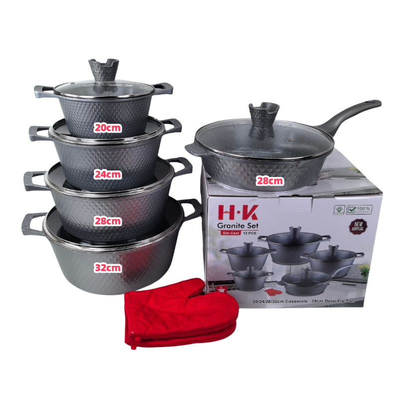 HK Diamant Mic 12 piese set de vase din aluminiu turnat sub presiune, interior marmorat antiaderent, cuprinzând tigăi adânci pentru prăjit și oală de supă