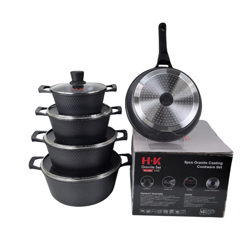 HK Diamant Mic 12 piese set de vase din aluminiu turnat sub presiune, interior marmorat antiaderent, cuprinzând tigăi adânci pentru prăjit și oală de supă