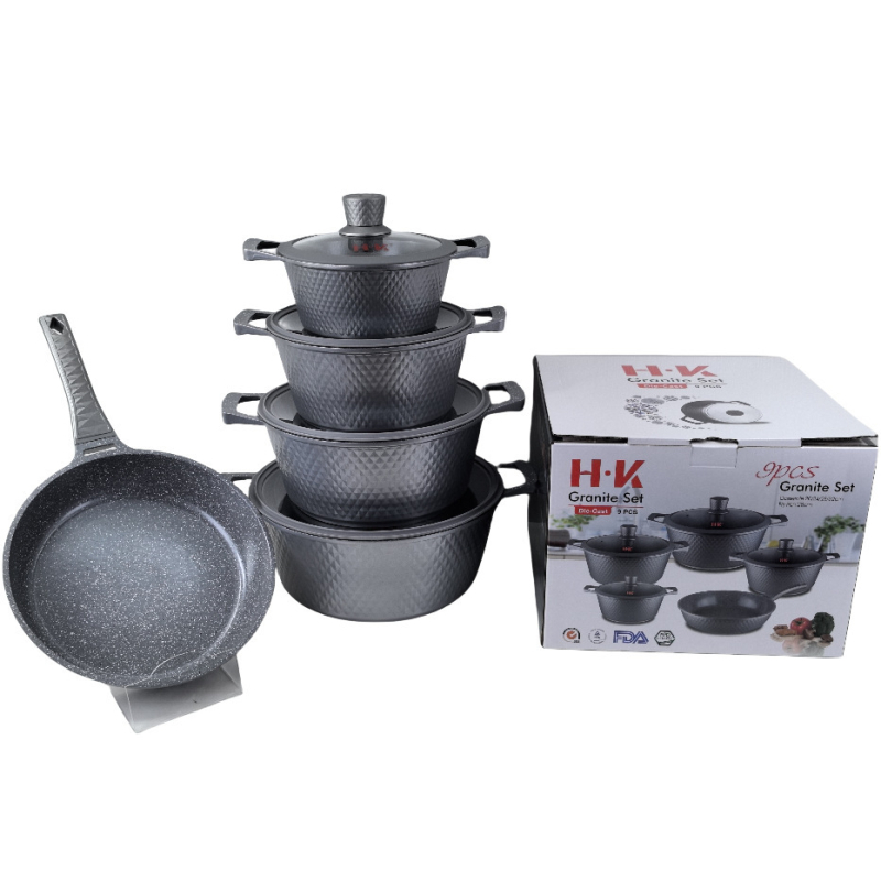 HK Diamant Mic 12 piese set de vase din aluminiu turnat sub presiune, interior marmorat antiaderent, cuprinzând tigăi adânci pentru prăjit și oală de supă