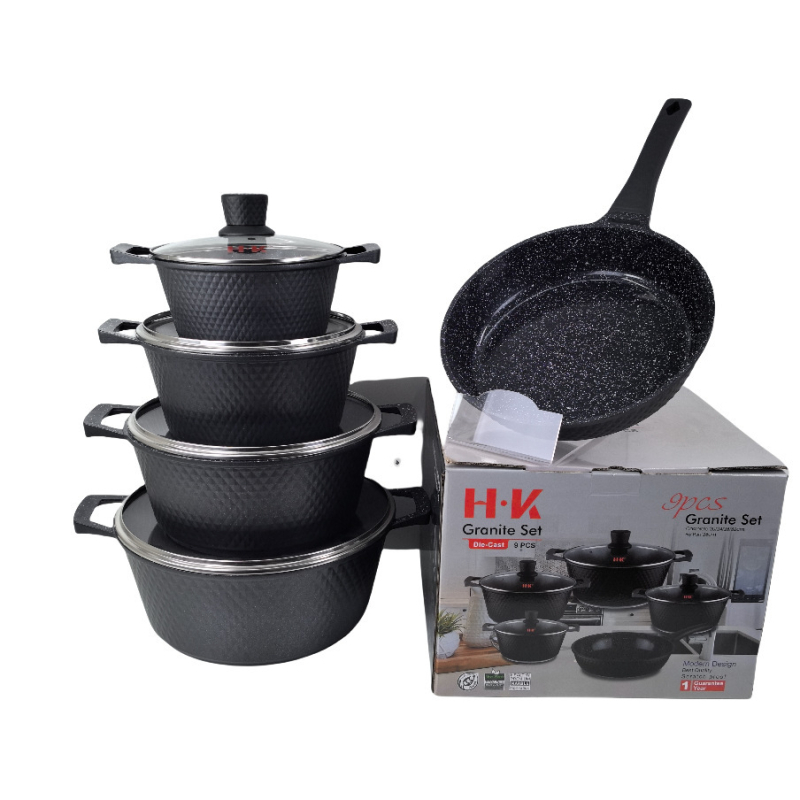 HK Diamant Mic 12 piese set de vase din aluminiu turnat sub presiune, interior marmorat antiaderent, cuprinzând tigăi adânci pentru prăjit și oală de supă