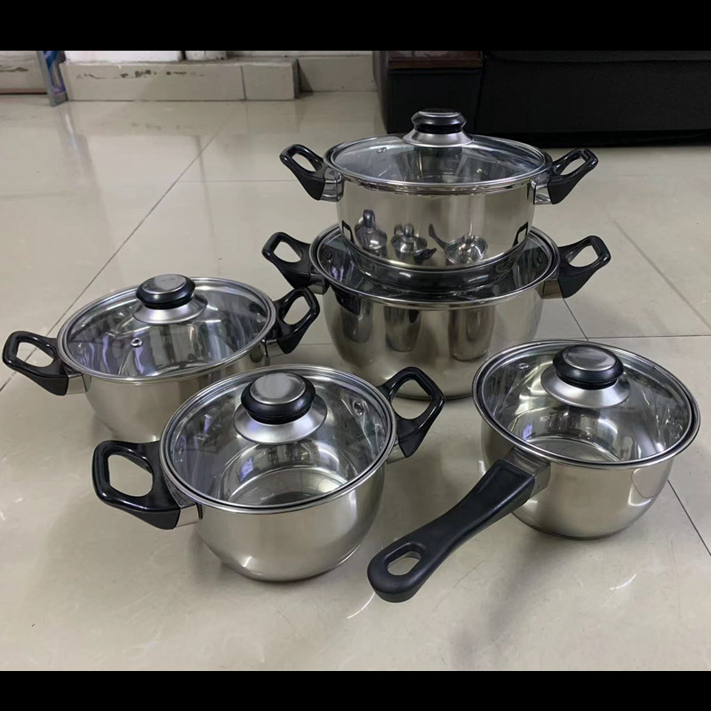 Set de vase din oțel inoxidabil cu capace – 10 piese, oale pentru lapte și supă, capace din sticlă, dimensiuni 16–24 cm
