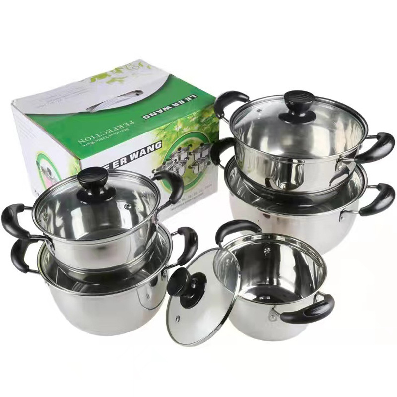 Set de vase din oțel inoxidabil cu capace – 10 piese, oale pentru lapte și supă, capace din sticlă, dimensiuni 16–24 cm