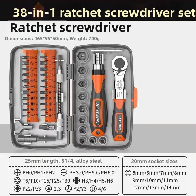 38-in-1 univerzálny ráčňový set s hlavami a skrutkovačmi pre domáce a priemyselné údržbárske práce