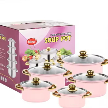 Set de vase din oțel inoxidabil cu mânere aurii, 10 piese, oale adânci pentru supă, bază magnetică