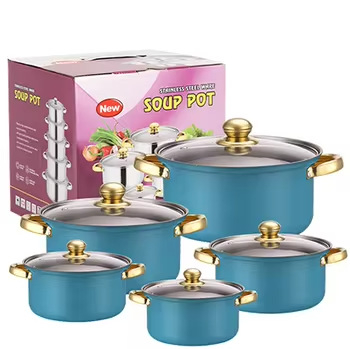 Set de vase din oțel inoxidabil cu mânere aurii, 10 piese, oale adânci pentru supă, bază magnetică