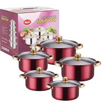 Set de vase din oțel inoxidabil cu mânere aurii, 10 piese, oale adânci pentru supă, bază magnetică