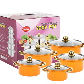 Set de vase din oțel inoxidabil cu mânere aurii, 10 piese, oale adânci pentru supă, bază magnetică