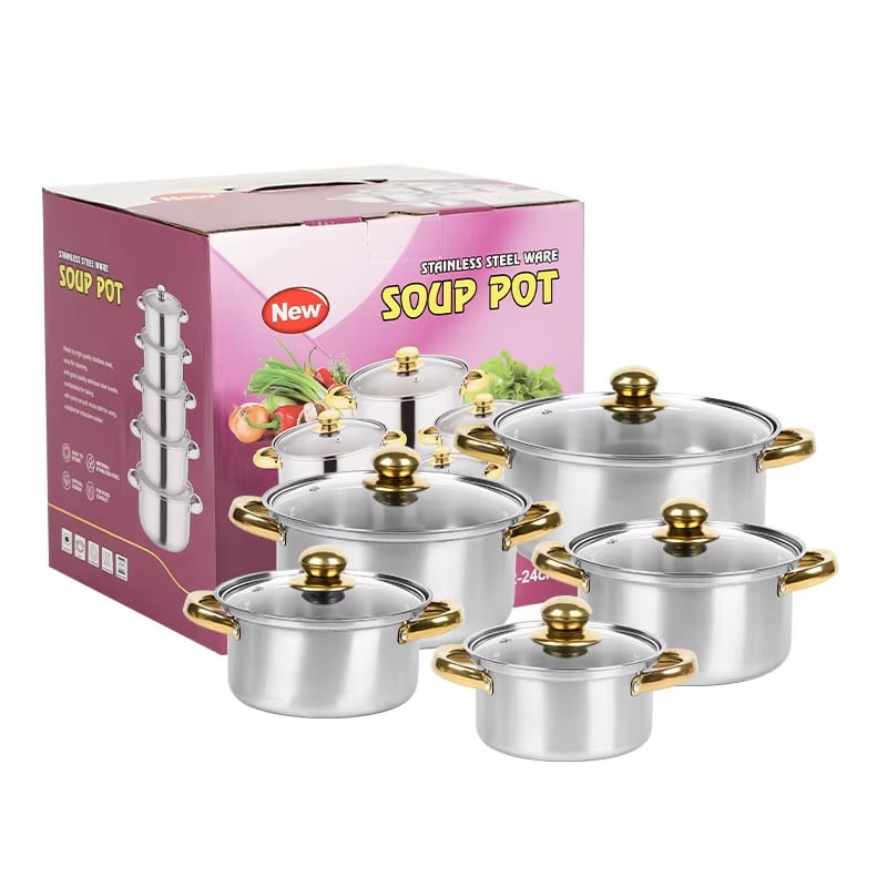 Set de vase din oțel inoxidabil cu mânere aurii, 10 piese, oale adânci pentru supă, bază magnetică