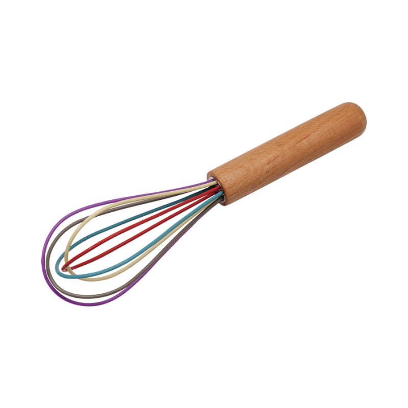 Tel de ouă cu mâner din lemn, cap colorat din silicon, instrument de bucătărie manual pentru amestecare lichide și frișcă