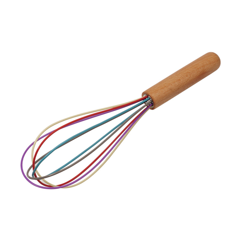 Tel de ouă cu mâner din lemn, cap colorat din silicon, instrument de bucătărie manual pentru amestecare lichide și frișcă