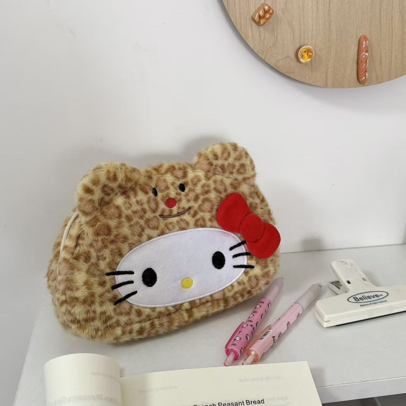 Penar plușat cu imprimeu leopard, pisicuță drăguță, organizator școlar cu capacitate mare