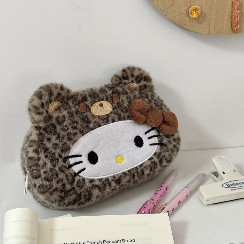 Penar plușat cu imprimeu leopard, pisicuță drăguță, organizator școlar cu capacitate mare