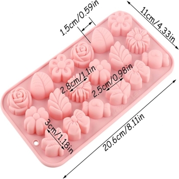 Set de 18 forme din silicon cu forme variate: flori mici, frunze, bomboane, fundițe pentru copt prăjituri și ciocolate