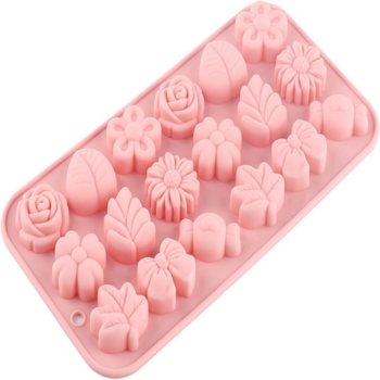Set de 18 forme din silicon cu forme variate: flori mici, frunze, bomboane, fundițe pentru copt prăjituri și ciocolate