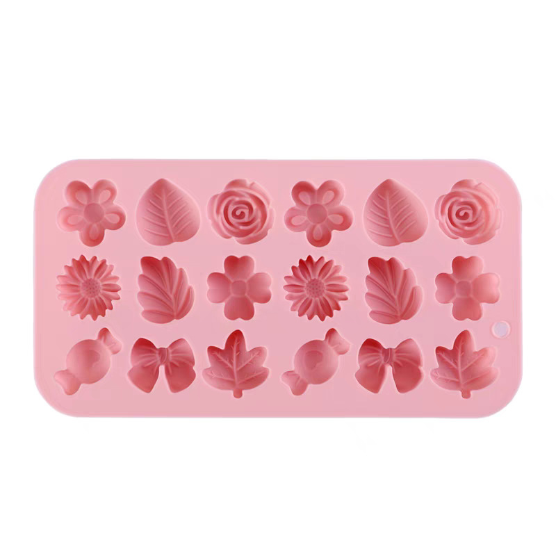 Set de 18 forme din silicon cu forme variate: flori mici, frunze, bomboane, fundițe pentru copt prăjituri și ciocolate