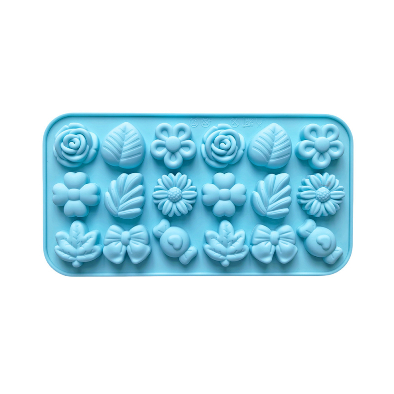 Set de 18 forme din silicon cu forme variate: flori mici, frunze, bomboane, fundițe pentru copt prăjituri și ciocolate