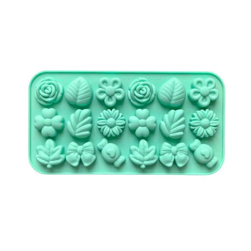 Set de 18 forme din silicon cu forme variate: flori mici, frunze, bomboane, fundițe pentru copt prăjituri și ciocolate