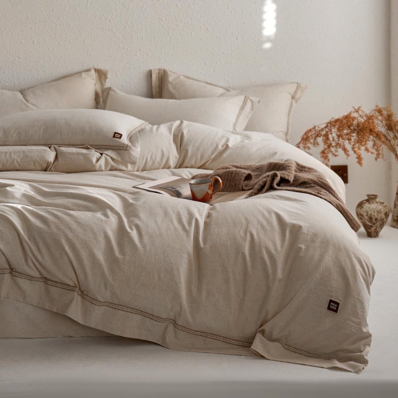 Set patru piese din bumbac-lin, cu senzație premium, în nuanță vintage naturală – husă de pilotă, cearșaf, cearșaf cu elastic și fețe de pernă